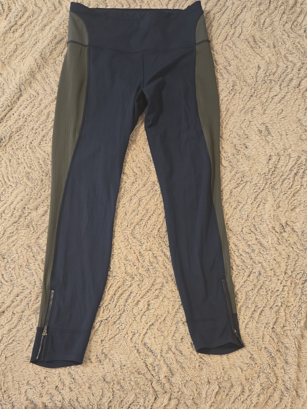 Athleta Navy Leggings with Olive Green Side Panels